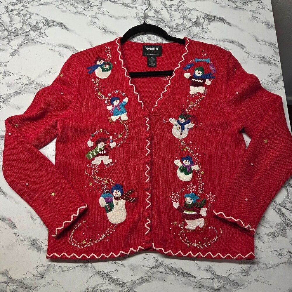 Studio Joy Small Petite Red White Embroidered Button Up Snowman Holiday Sweater